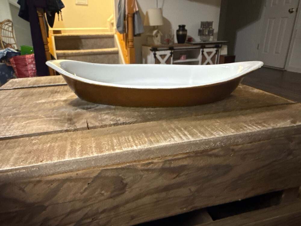 Vintage Hall China Brown and White Oval Rarebit Baking Dish Model 523